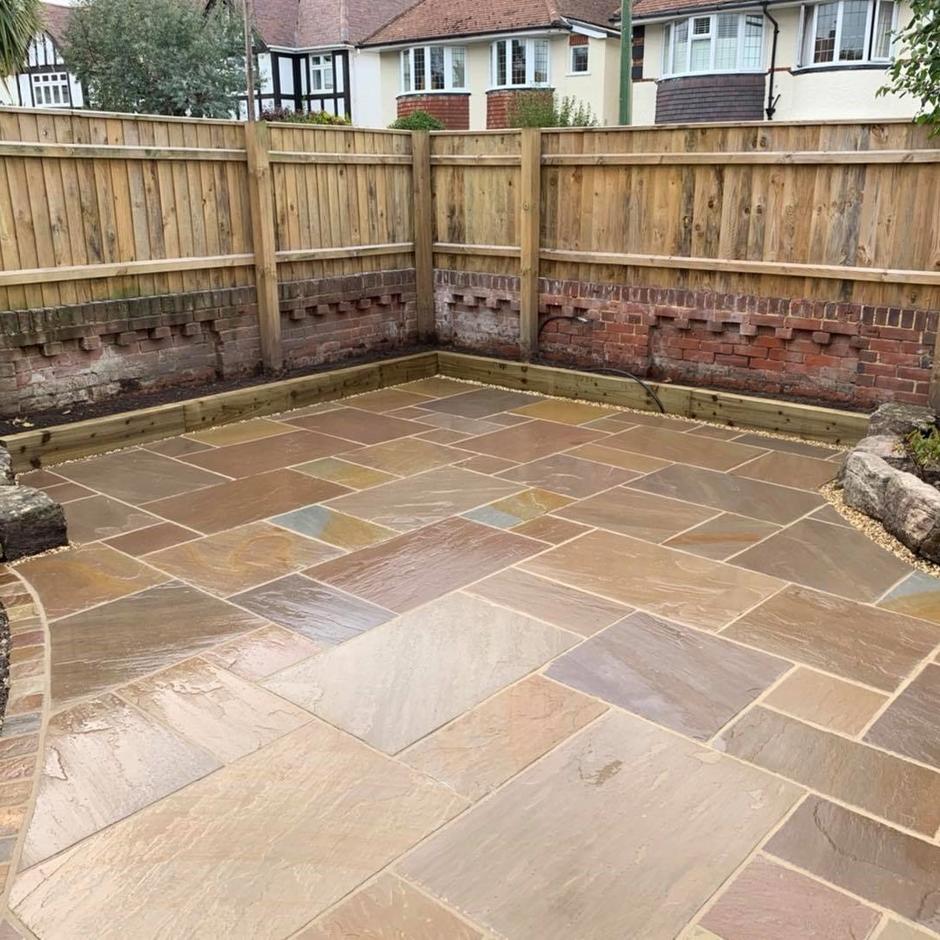 muilti-coloured shades of brown patio paving with fences
