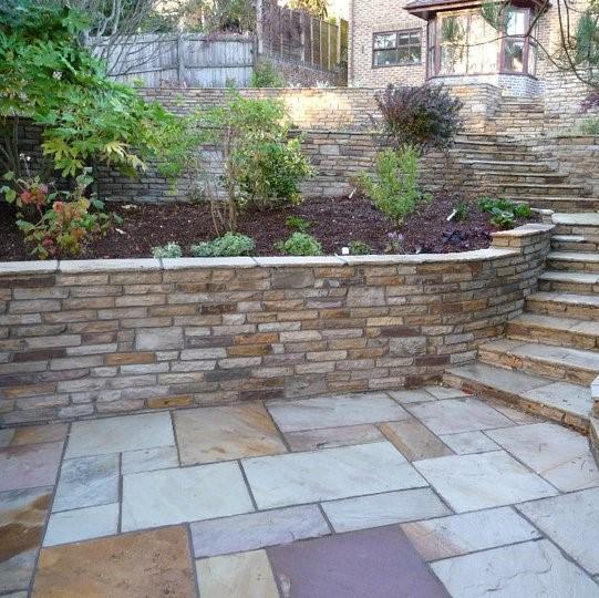 Golden Fossil Natural Stone Walling retaining plant bed