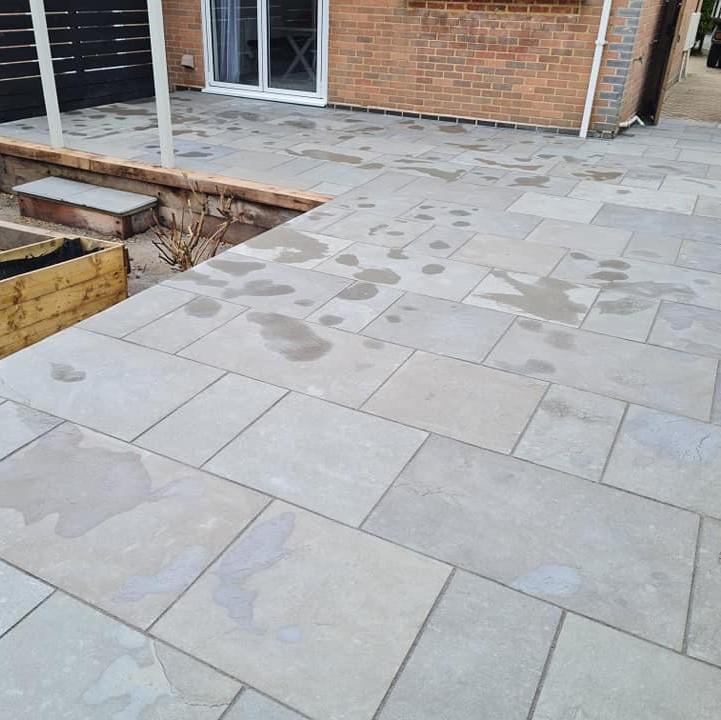 dove grey indian limestone paving in garden