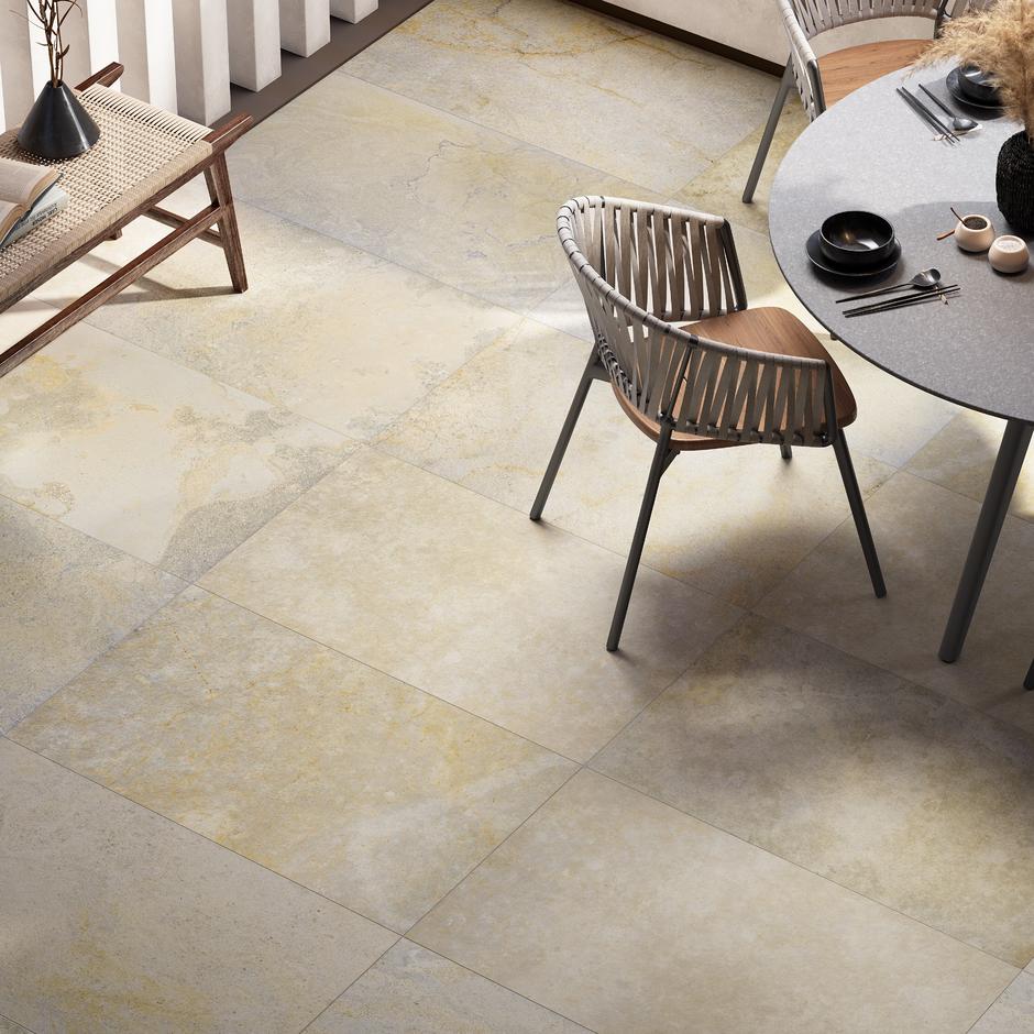Rocca Citron Porcelain Paving with table and chairs
