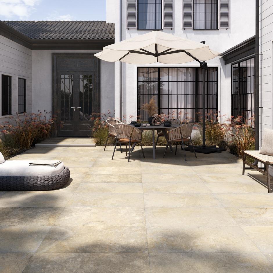 yellow limestone porcelain paving in garden outside house