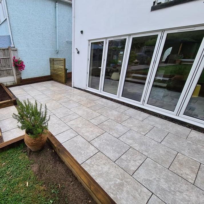 Travertine Silver Weathered Porcelain Paving back garden patio