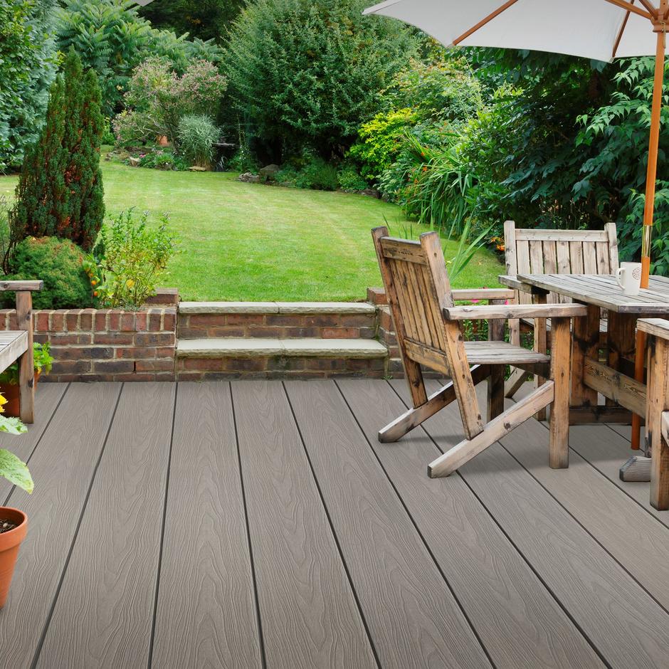 brown garden decking with chairs