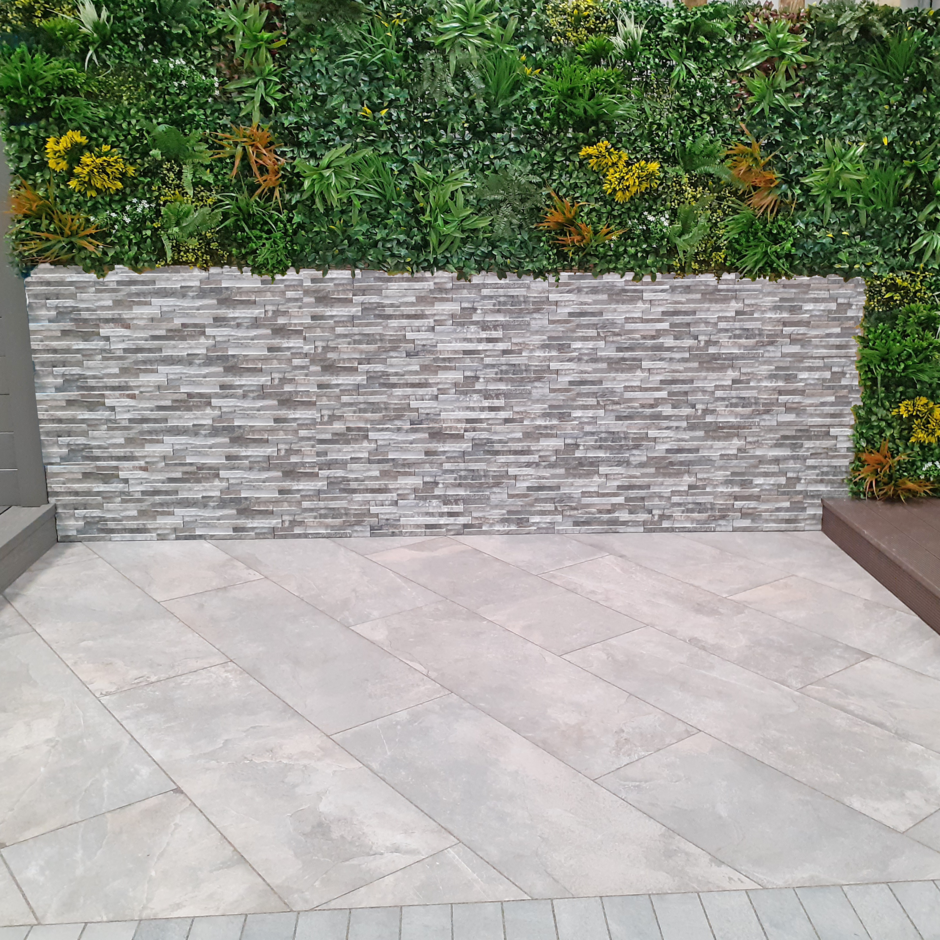 artificial foliage with stone walling