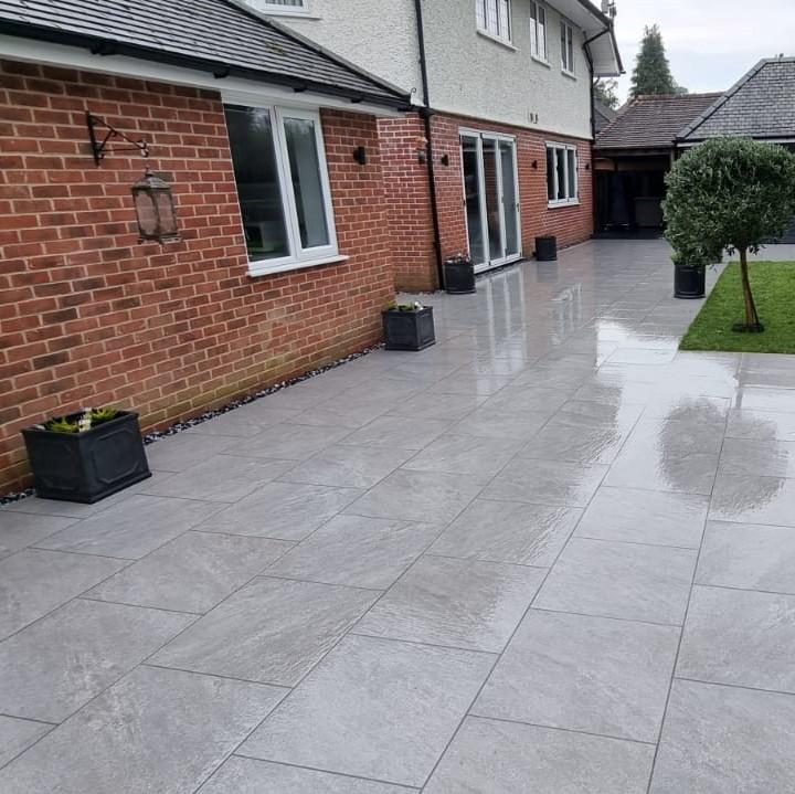 grey porcelain paving stones with tree
