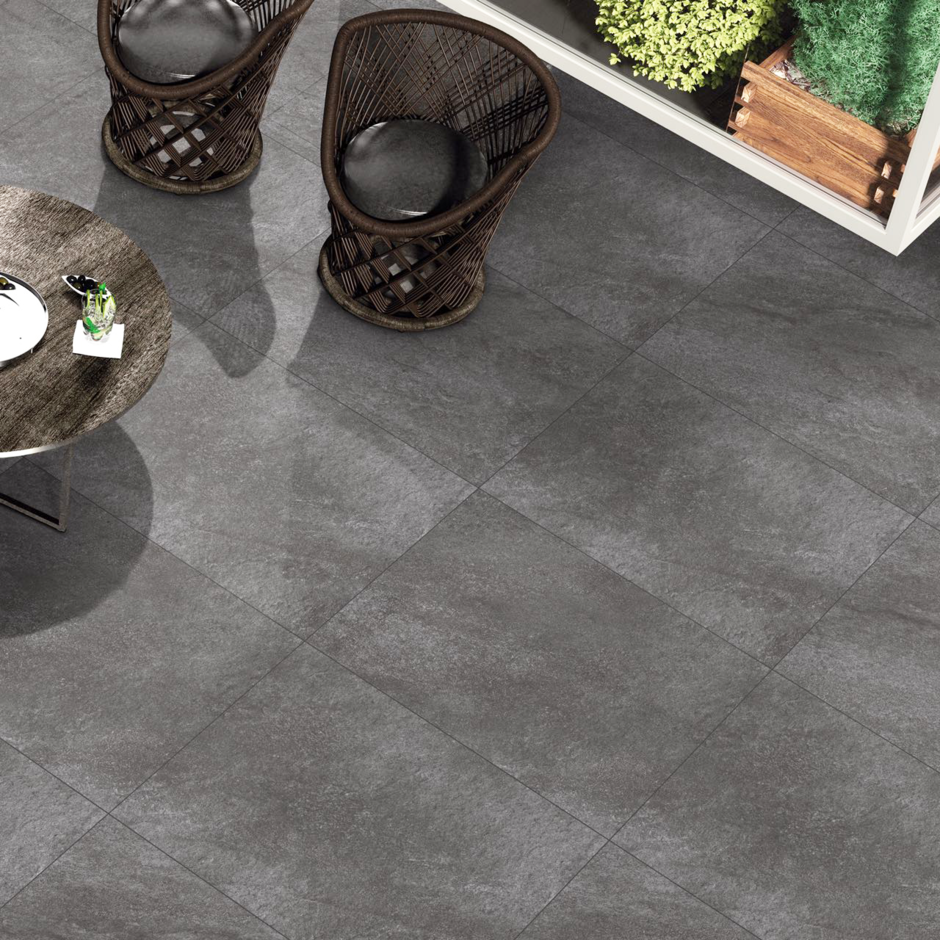 black starlight porcelain tiles with chairs