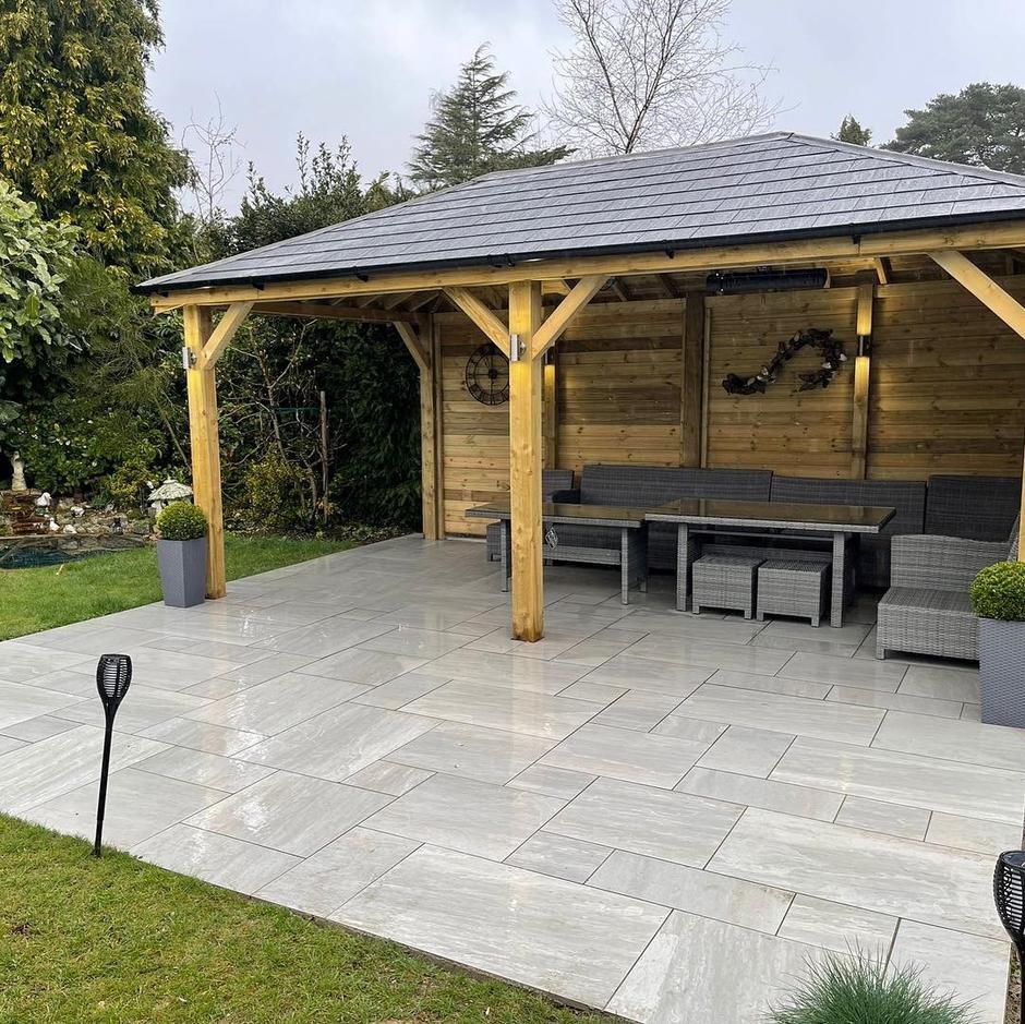kandla grey porcelain paving slabs in garden