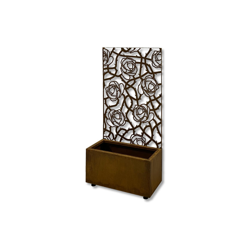 CORE Entangled Black Metal Screen core-ten with rectangle planter side view