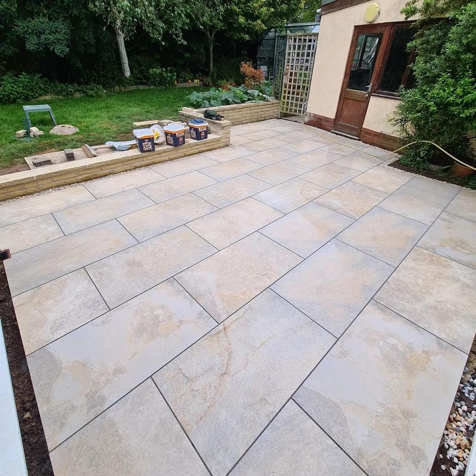 porcelain paving tiles laid in garden