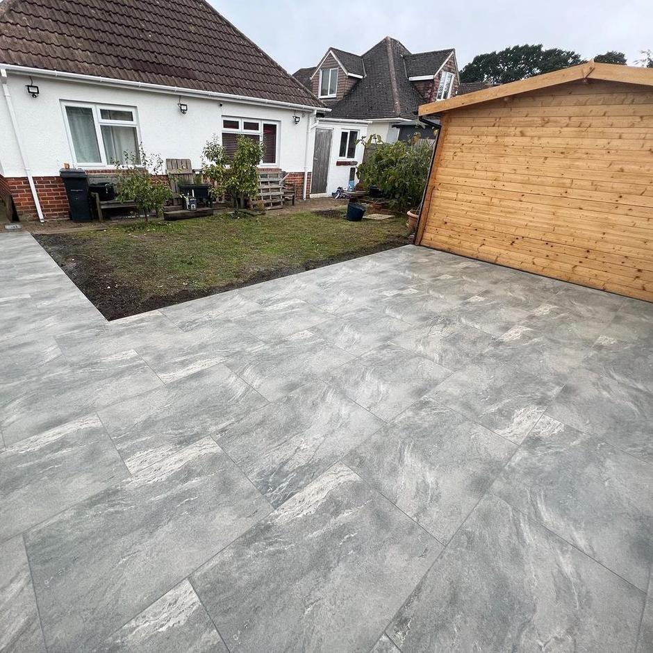 garden paving with garden shed