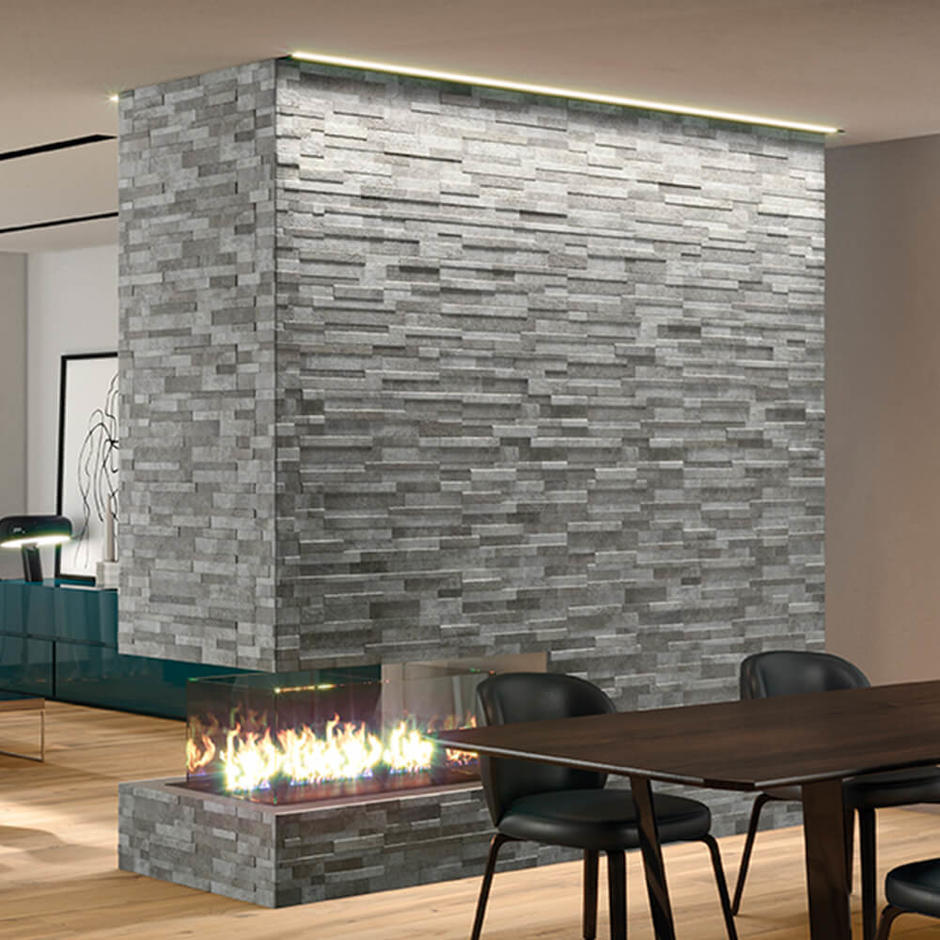 3D Grey Porcelain Cladding with built-in fire place