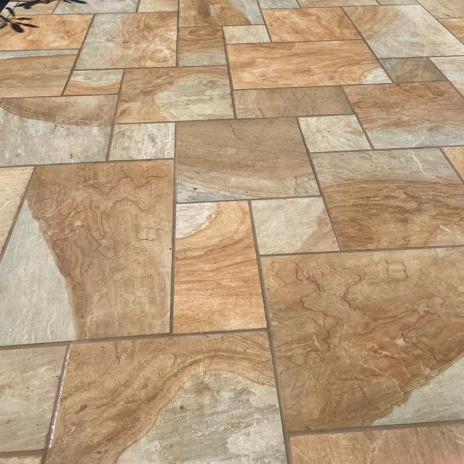 'Natural' Yorkstone Porcelain Paving grey paving and brown paving slabs