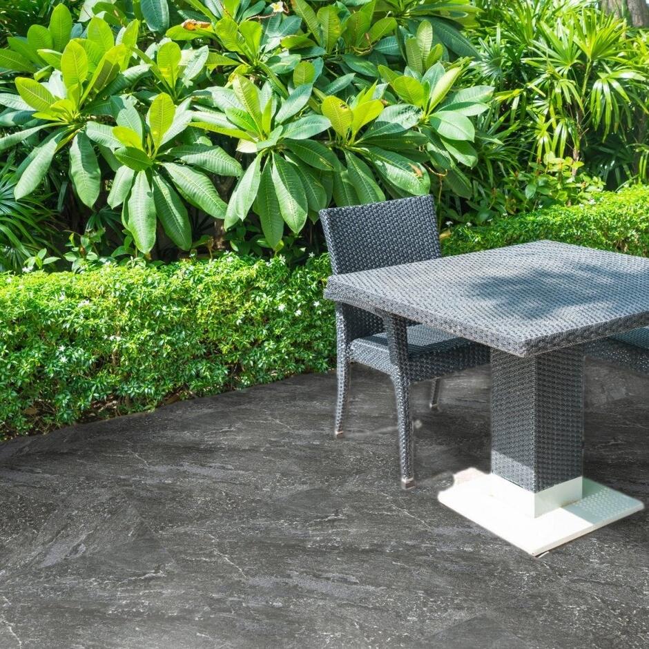 Rasa Nero dark grey Porcelain Paving garden patio al fresco dining area