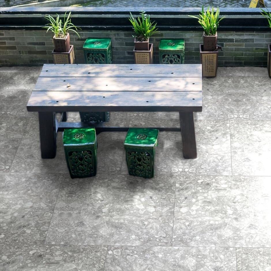 Terrazzano Grey Porcelain Paving light grey garden slabs outdoor dining