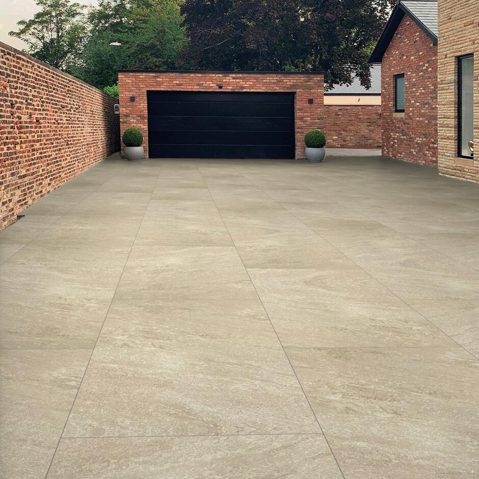 Dakota Beige Porcelain Paving Slabs laid outside house