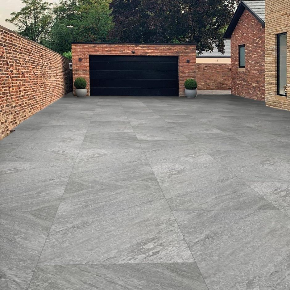 Dakota grey porcelain paving slabs laid outside garage