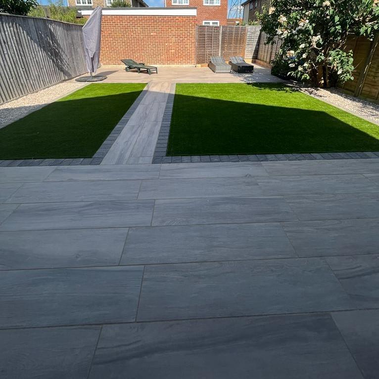 Woodland Pine Wood-Effect Porcelain Paving Planks back garden artificial grass