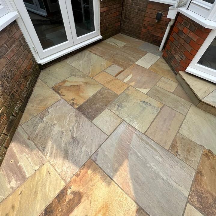 fossil sandstone garden slabs yellow patio stones with beige jointing