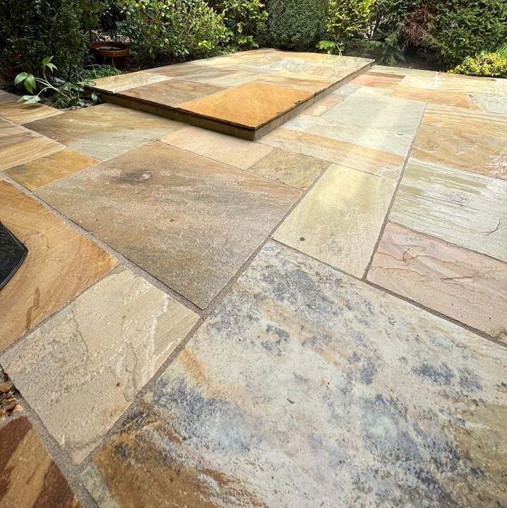 indian yellow fossil sandstone paving front garden with plants
