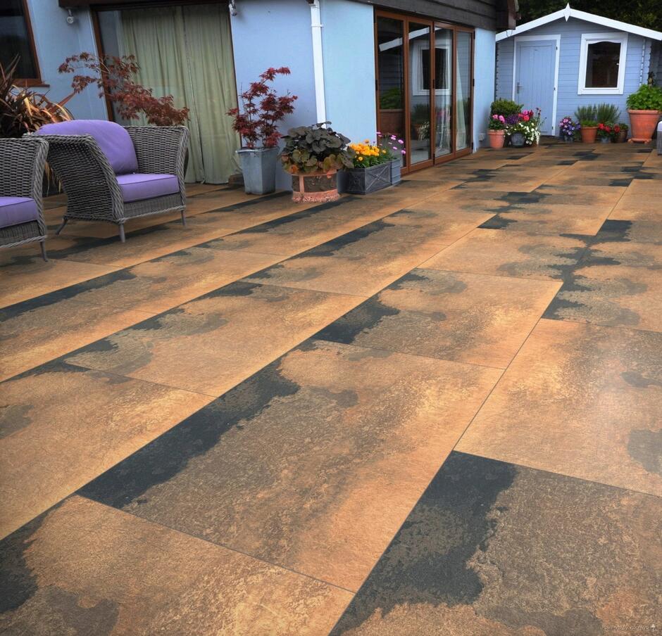 Rustic copper effect porcelain paving tiles