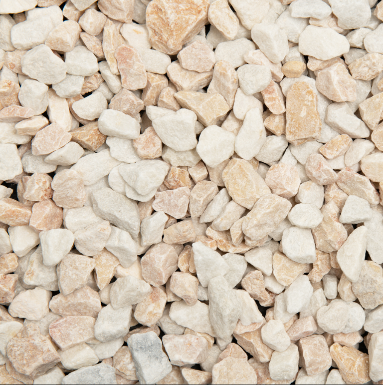 20mm Tuscan Sunrise; buff stones, white chippings, garden stones