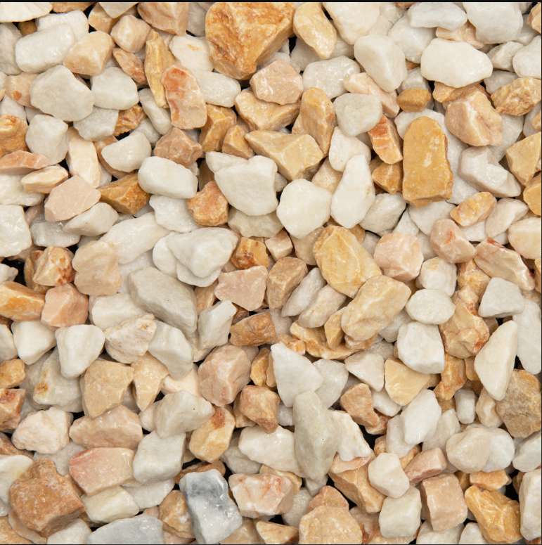 20mm Tuscan Sunrise, natural garden stones, yellow, orange, buff, white decorative stones