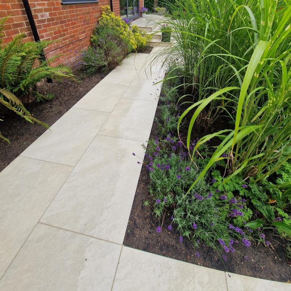 Sienna™ Quartz White Porcelain Paving, beige garden patio slabs
