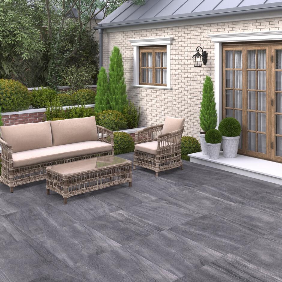 Dart Graphite Porcelain Paving; grey garden paving slabs; patio pavers