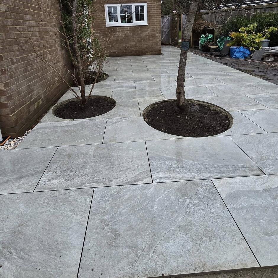 Celestial Storm grey Porcelain Paving garden tiles