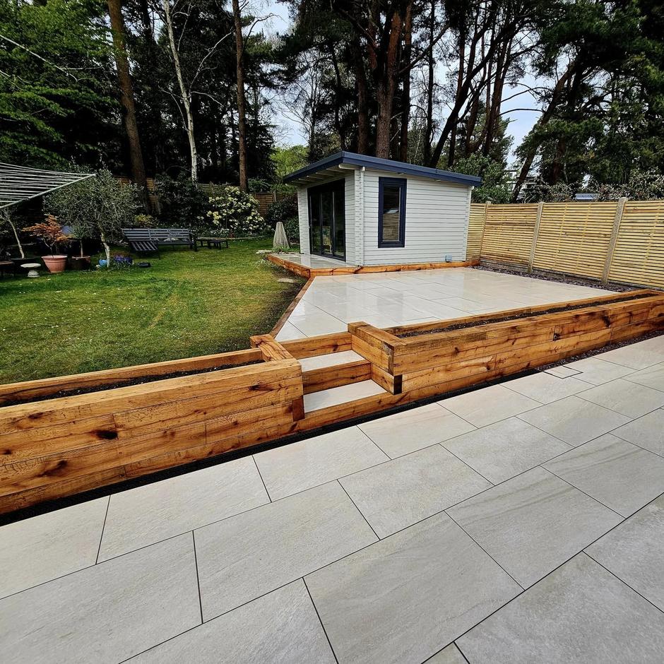 Pearl silver porcelain paving slabs, perfect for gardens and outdoor living areas