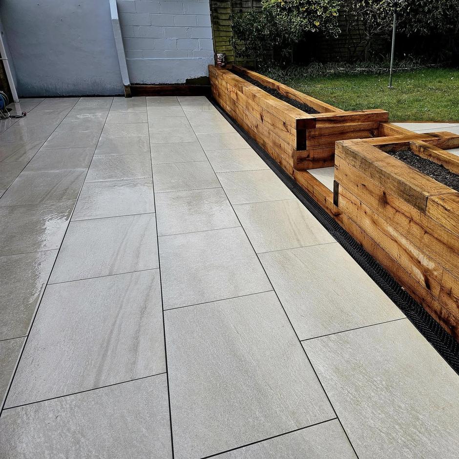 Silver pearl porcelain slabs ideal for enhancing garden paths and patios