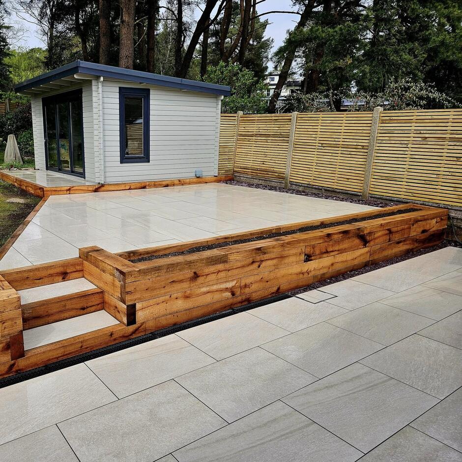 Create a sleek garden look with silver pearl porcelain paving stones