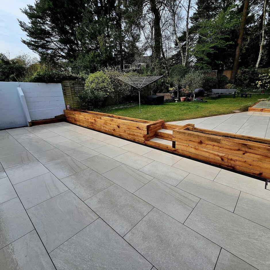 Transform your outdoor areas with elegant pearl silver porcelain paving