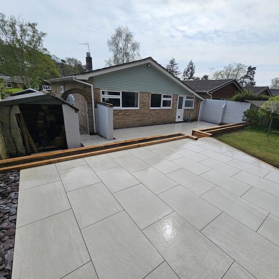 Porcelain garden paving in a refined pearl silver shade