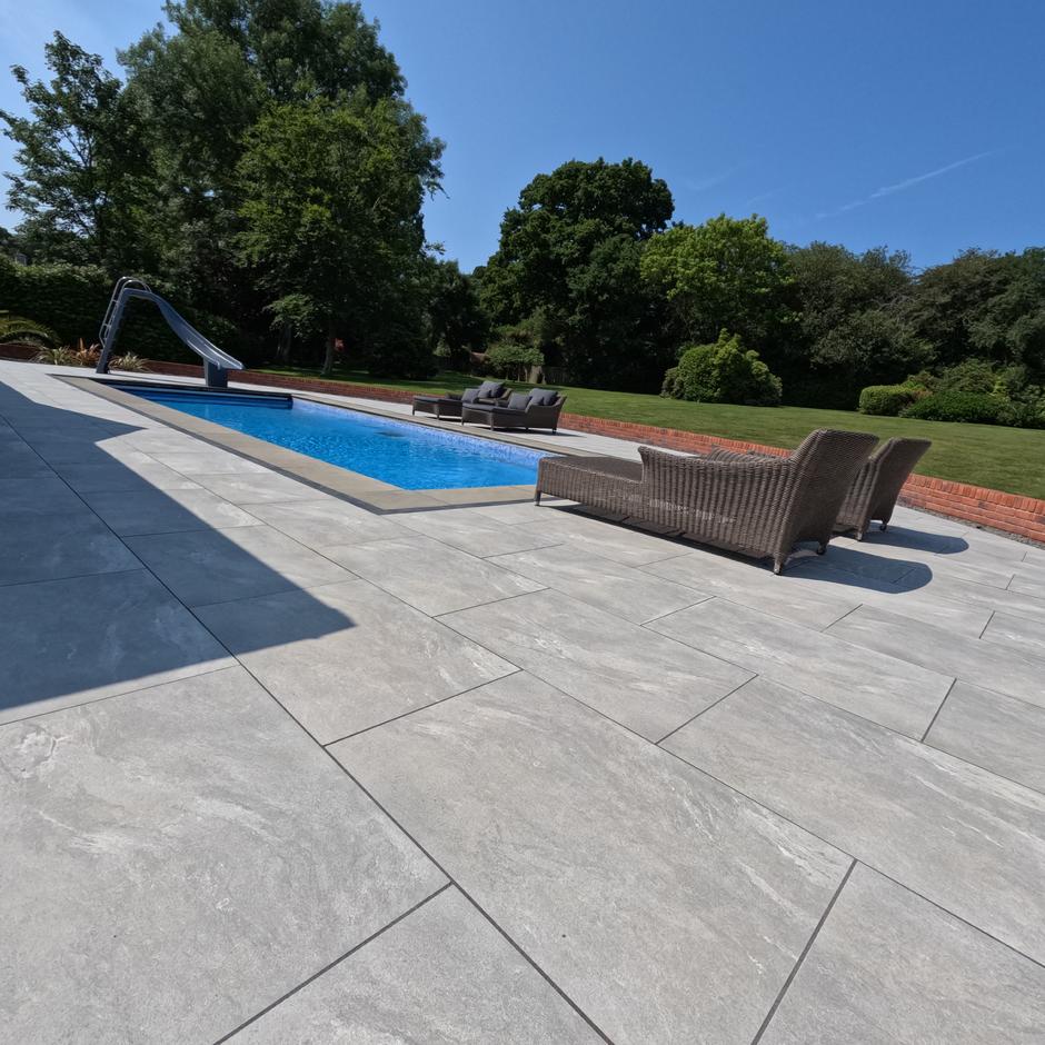 Sienna™ Jupiter Argent Porcelain Paving grey pool copings, porcelain tiles garden patio