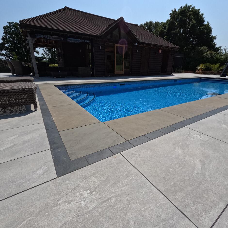 Sienna™ Jupiter Argent Porcelain Paving grey paving tiles for poolside patio