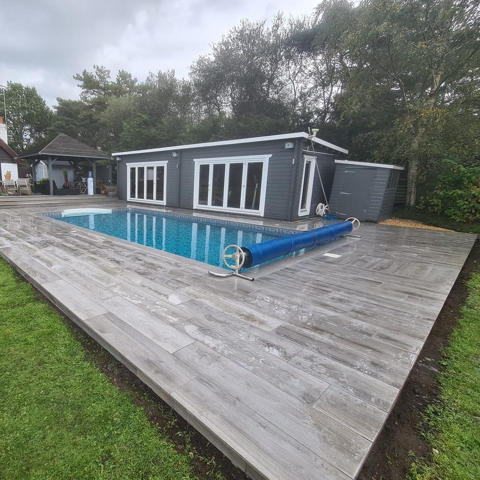Woodland wood-effect Anthracite Grey Black Porcelain Paving Slab back garden swimming
