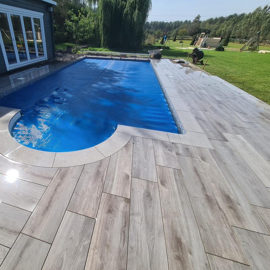 Woodland wood-effect Anthracite Grey Black Porcelain Paving Slab back garden