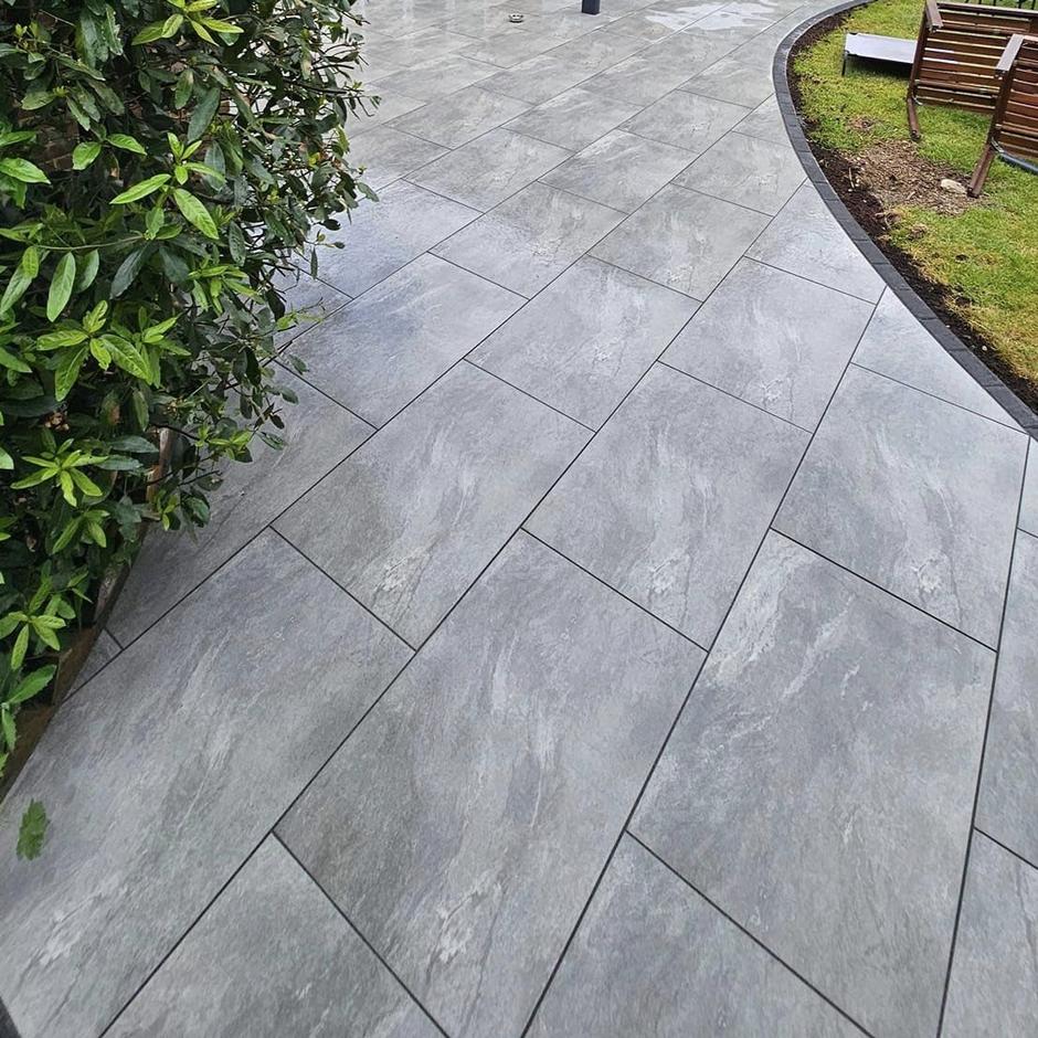 Grey Porcelain Paving with turf grass
