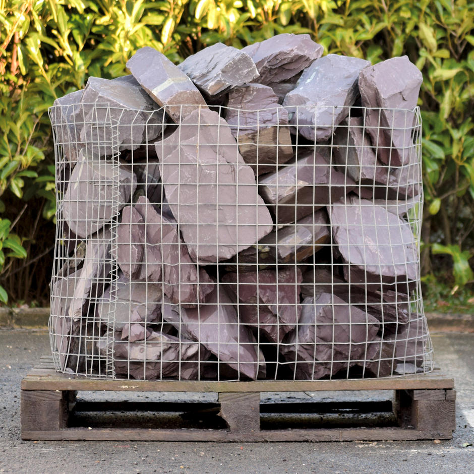 250mm plum slate rockery in gabion basket