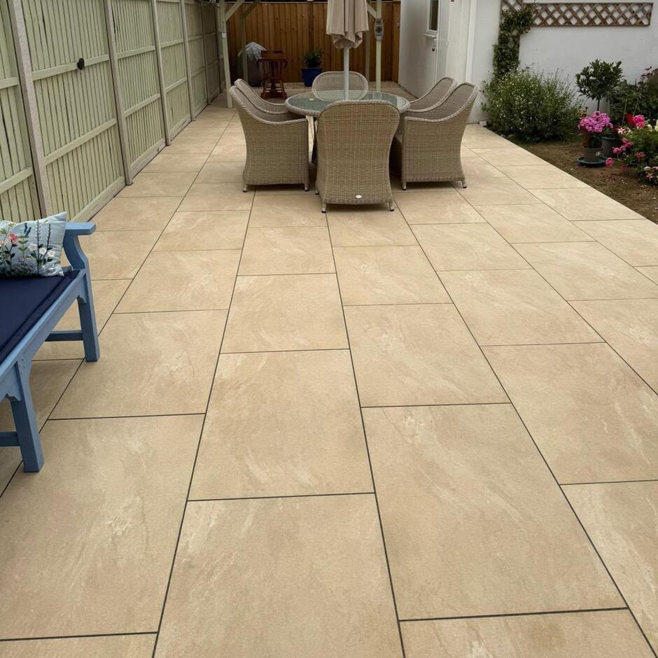 Azpects EASYJoint Basalt 12.5kg tub beige patio with black basalt jointing