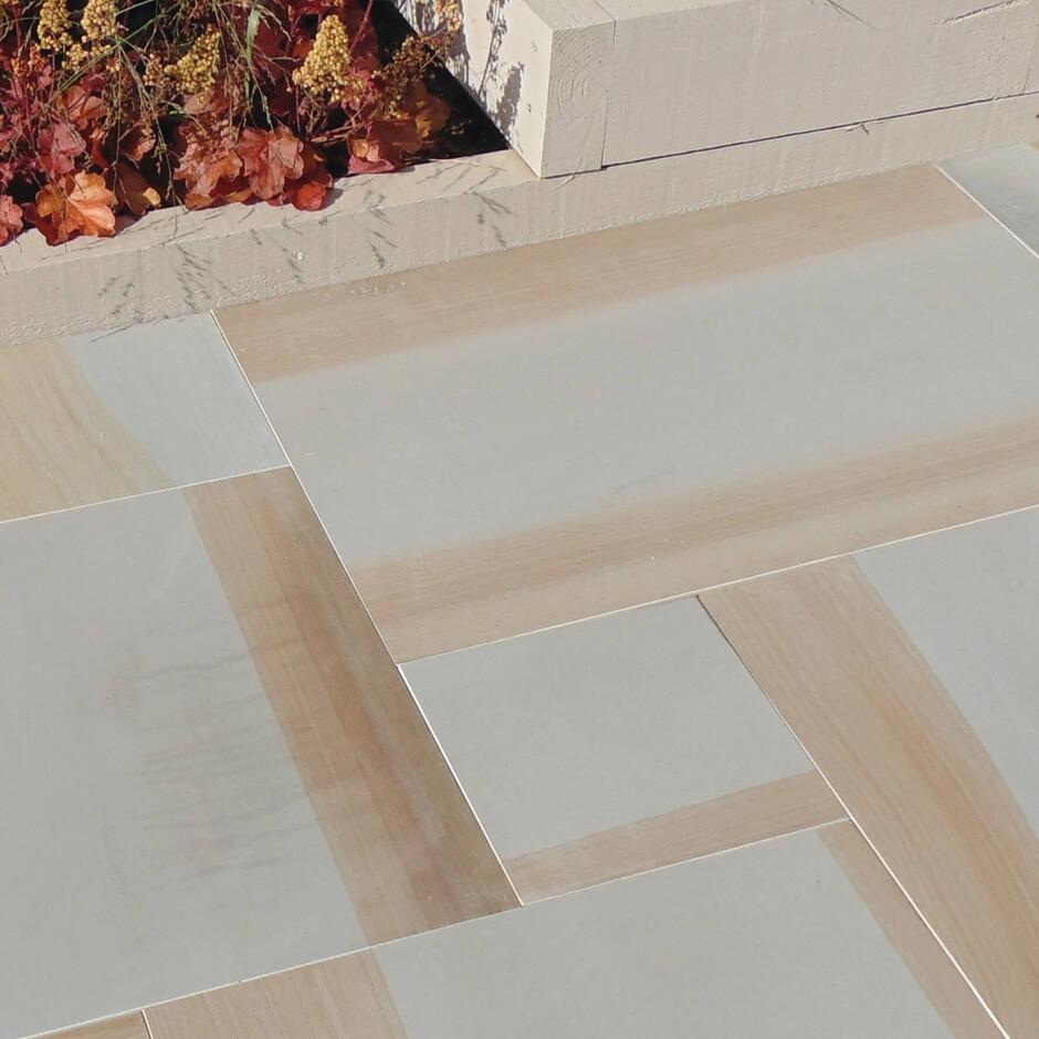Sawn York Grey Paving slabs in back garden